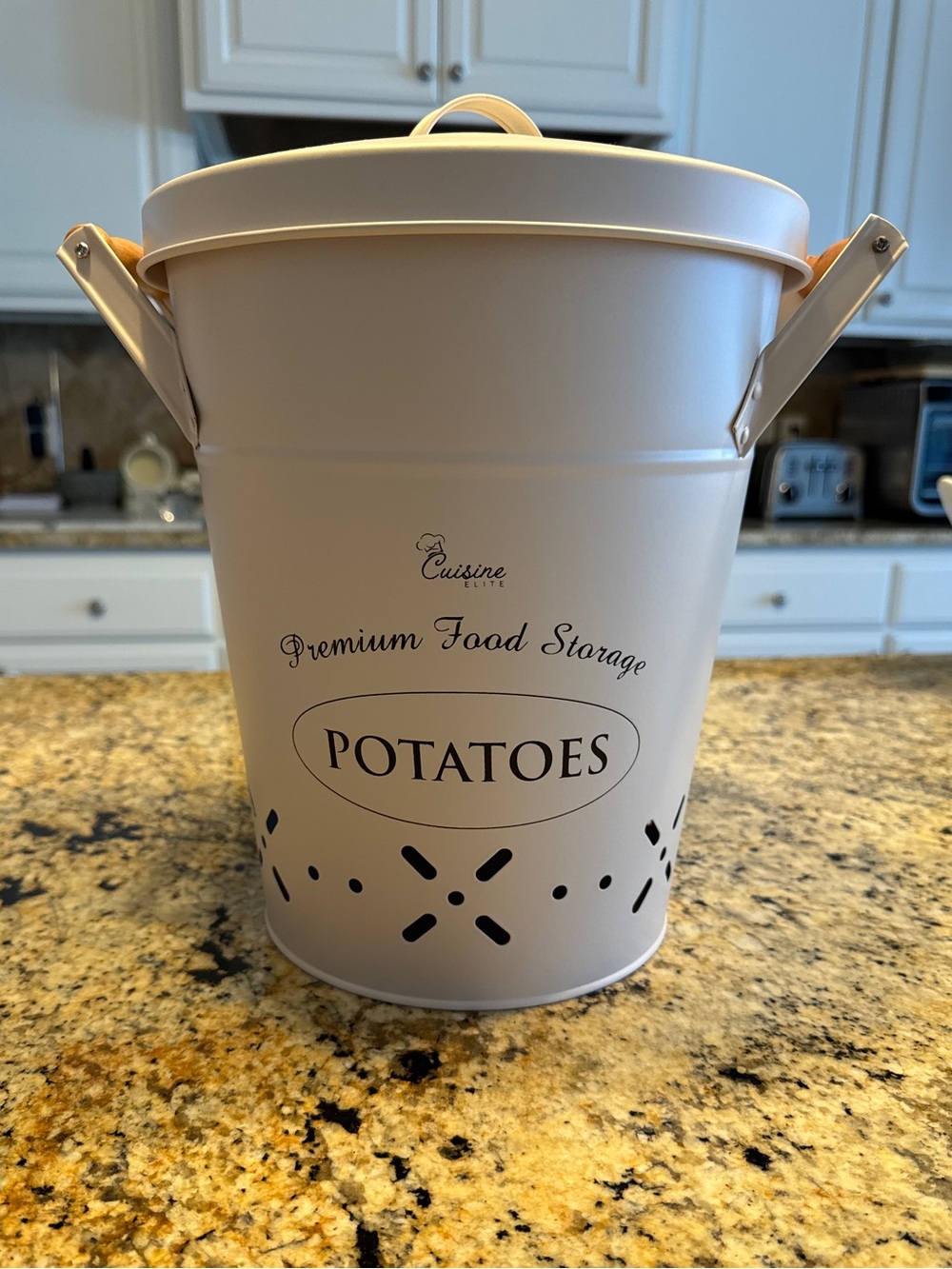 Creamy Off-White metal Potato Storage Bin with Lid and Handles
